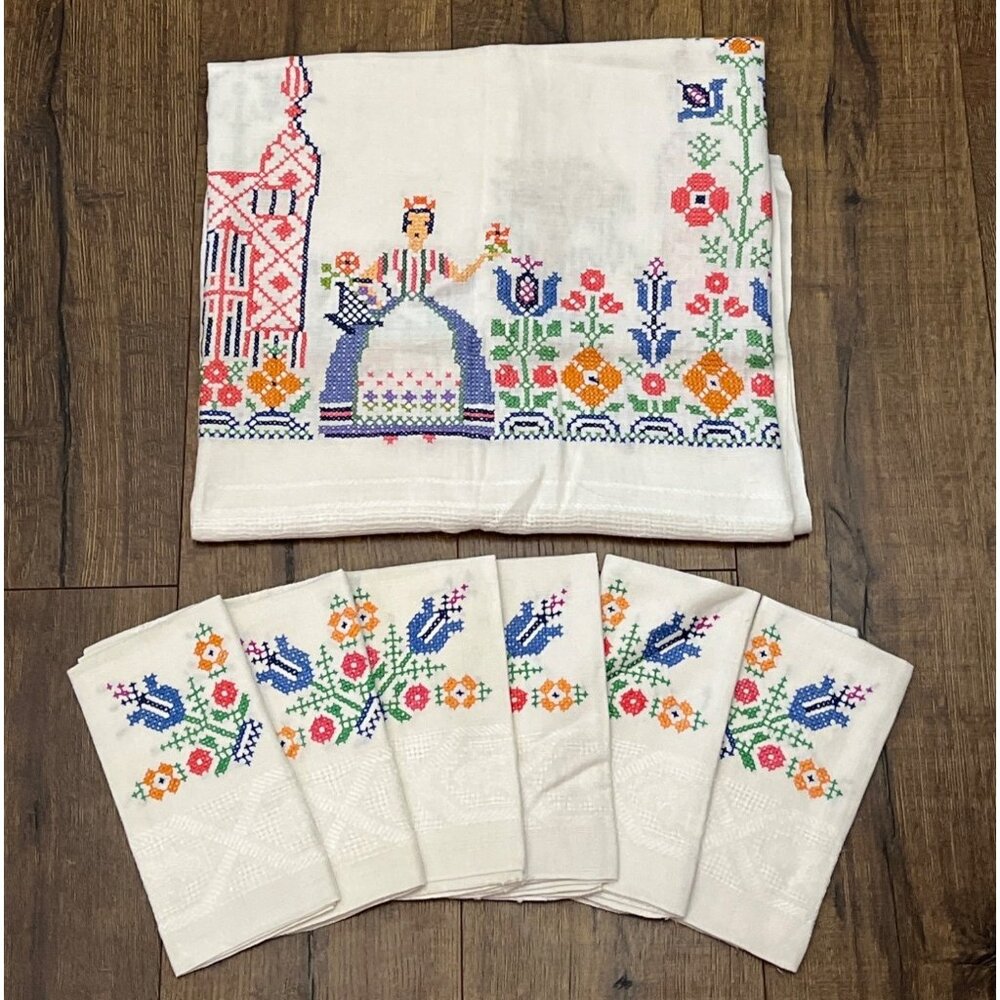 Vintage Folk-Art Cross Stitch Embroidered Linen Tablecloth & Napkins 68" x 50"